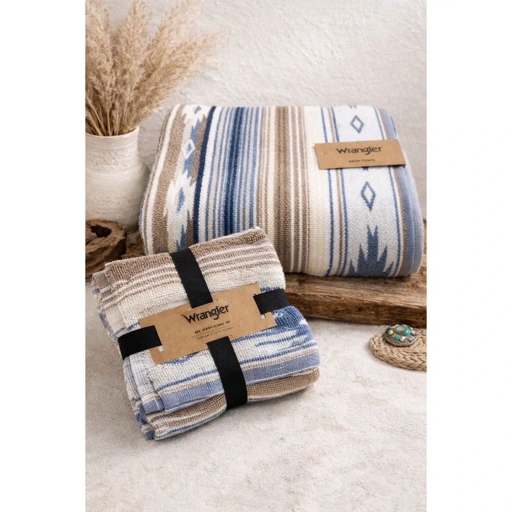 New‎ Wrangler 1 Bath Towel And 4 Washcloths Set Coyote Sands Brown Blue Western